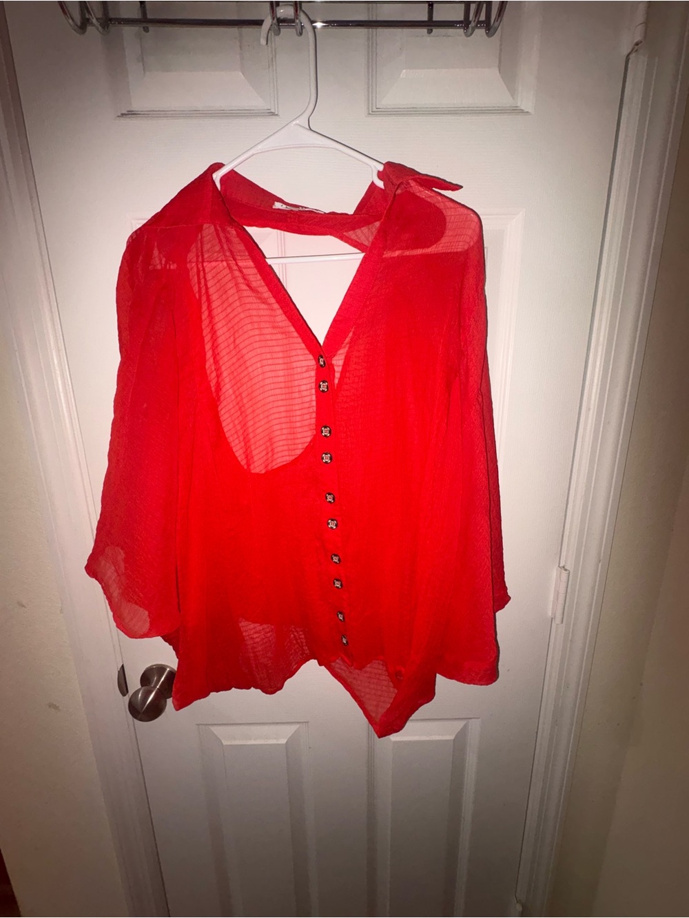 Umgee Sheer Red Button-Front Blouse